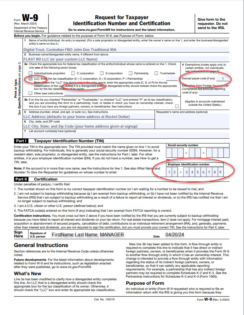 How do i fill out irs form w 9 for my ira llc rocket dollar